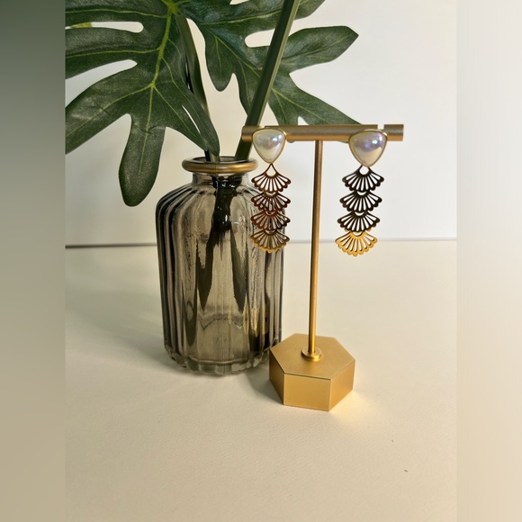 Art Nouveau Flower & Pearl Drop Earrings - Elegant Floral Gold Earrings - Picture 6 of 9